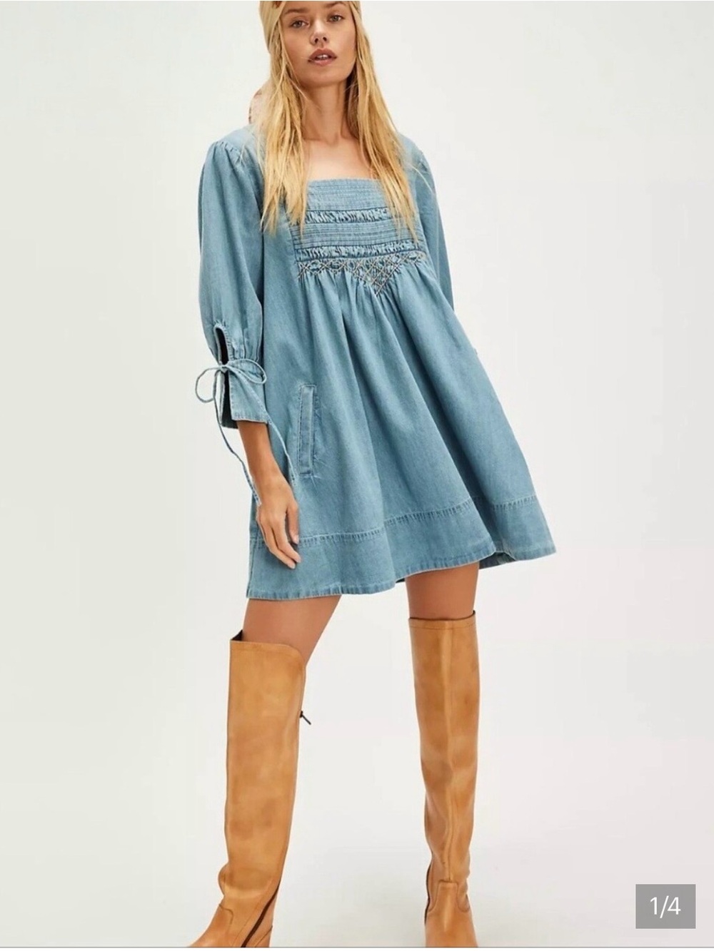 NWOT Free People Senora Denim Square-Neck Smocked Mini Dress - Coneflower